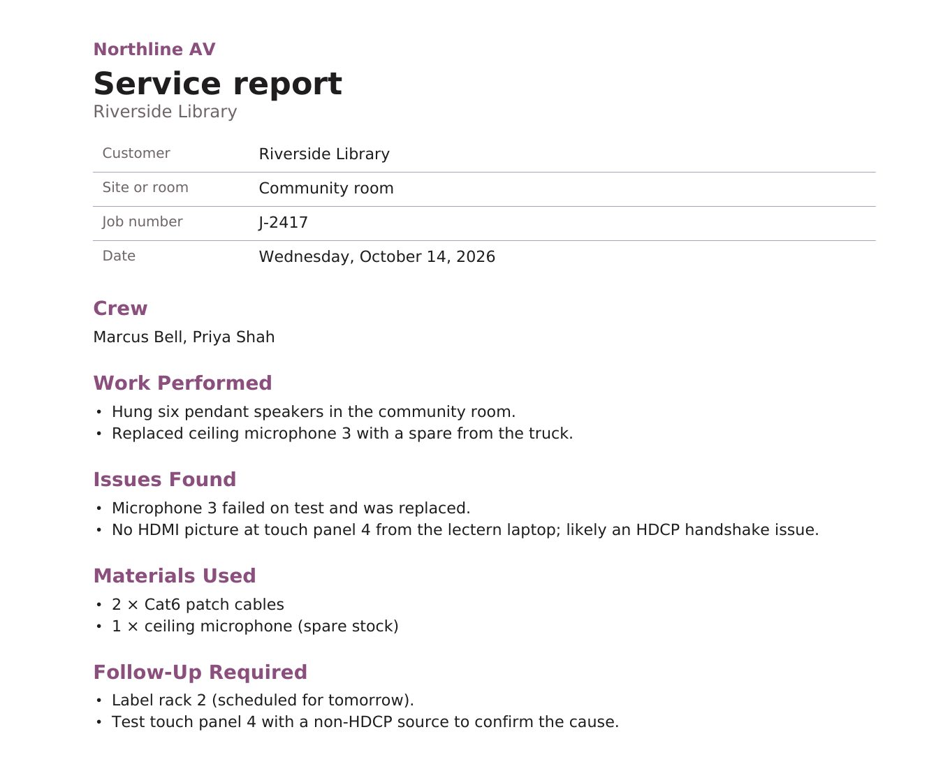 The finished service report as a PDF, with work performed, issues, materials and follow-up