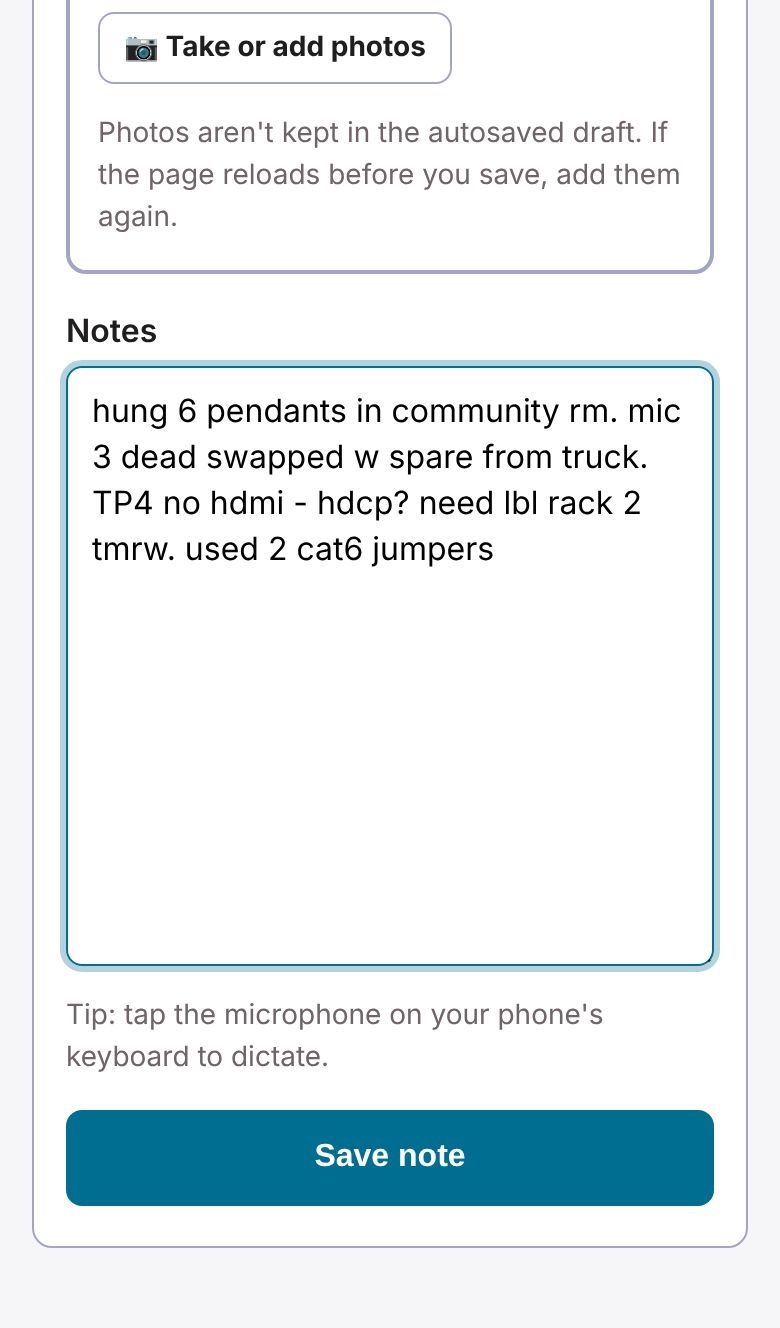 The note form on a phone, with a tech's shorthand notes typed in